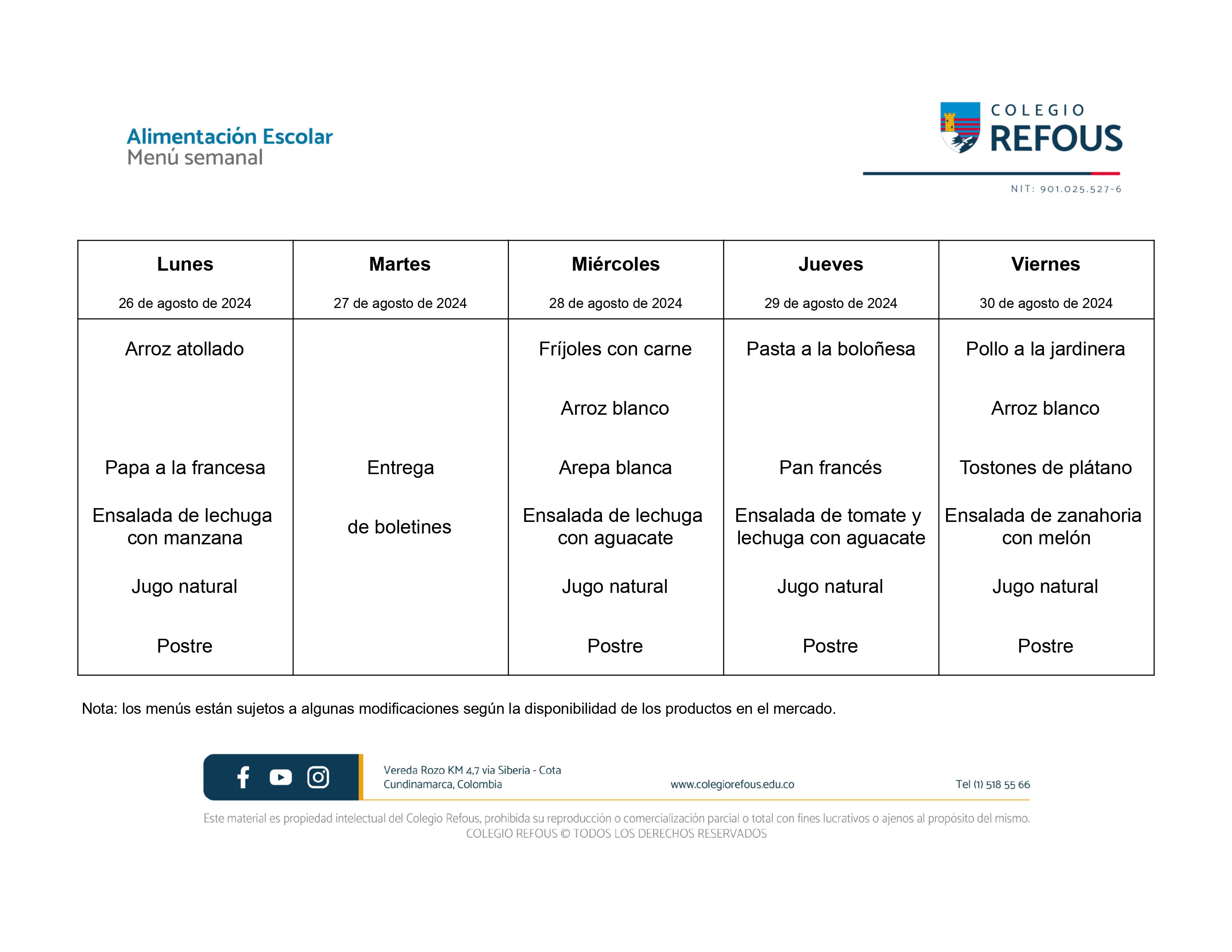 Alimentación escolar de la semana del  26 de Agosto al 30  de Agosto de 2024.