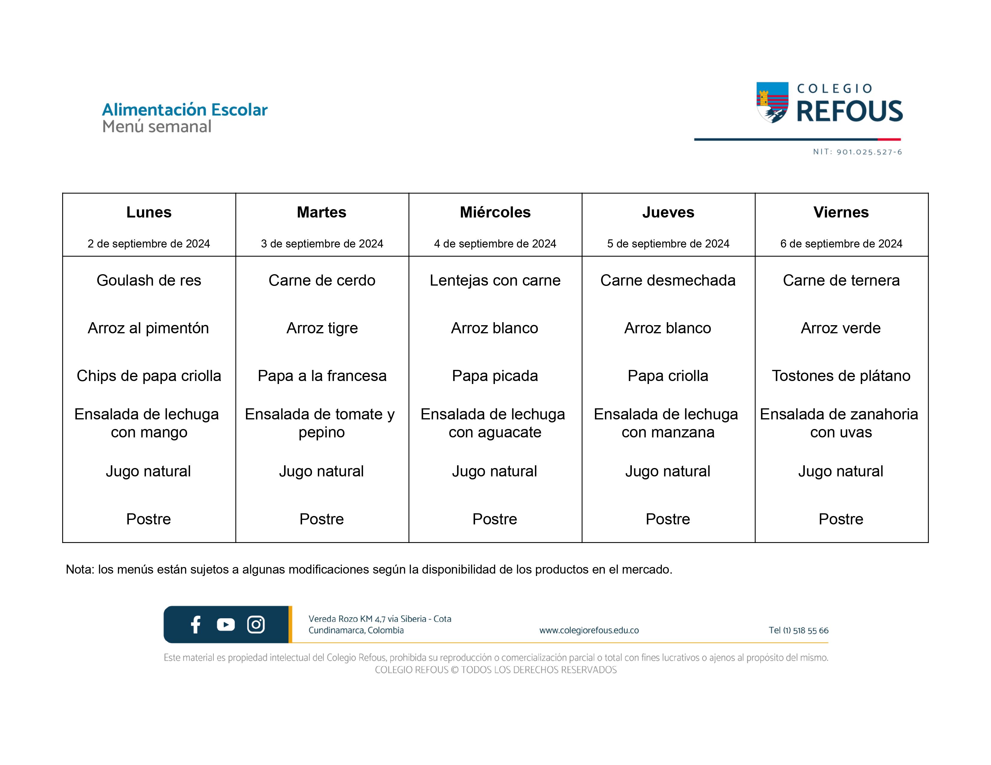 Alimentación escolar de la semana del 2 de Septiembre al 6 de Septiembre de 2024.