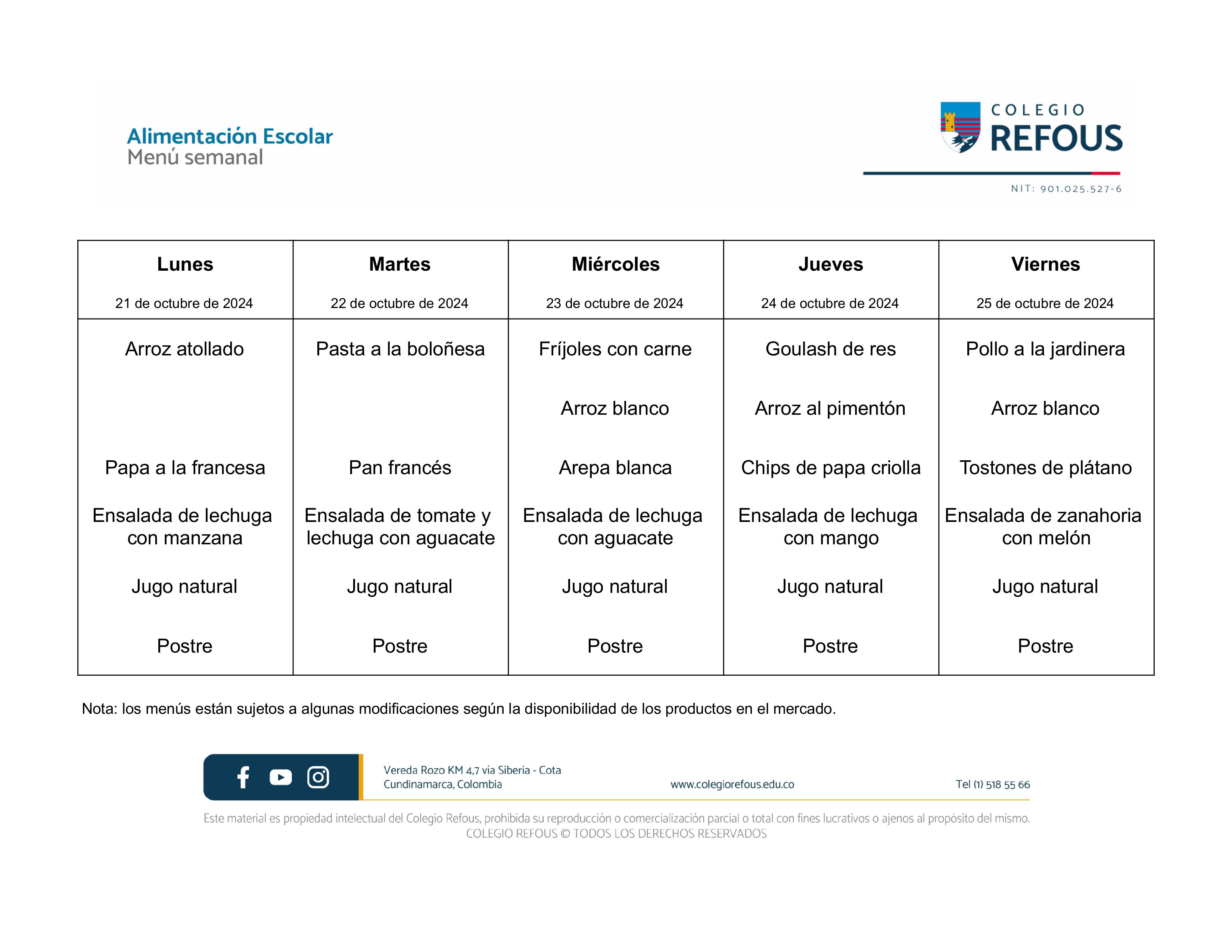  Alimentación escolar de la semana del 21 de Octubre al 25  de Octubre de 2024.