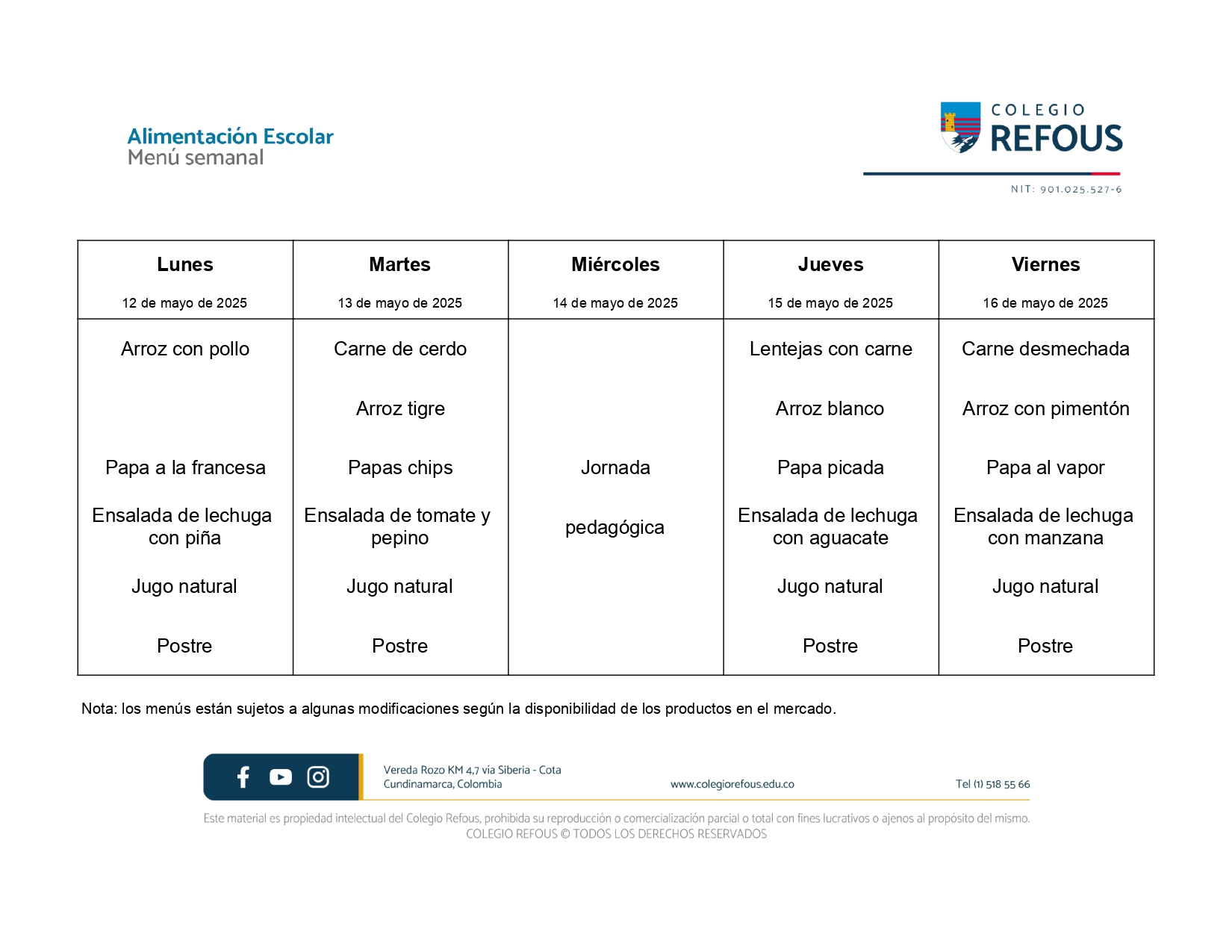 12 al 16 de mayo de 2025 - Alimentación escolar