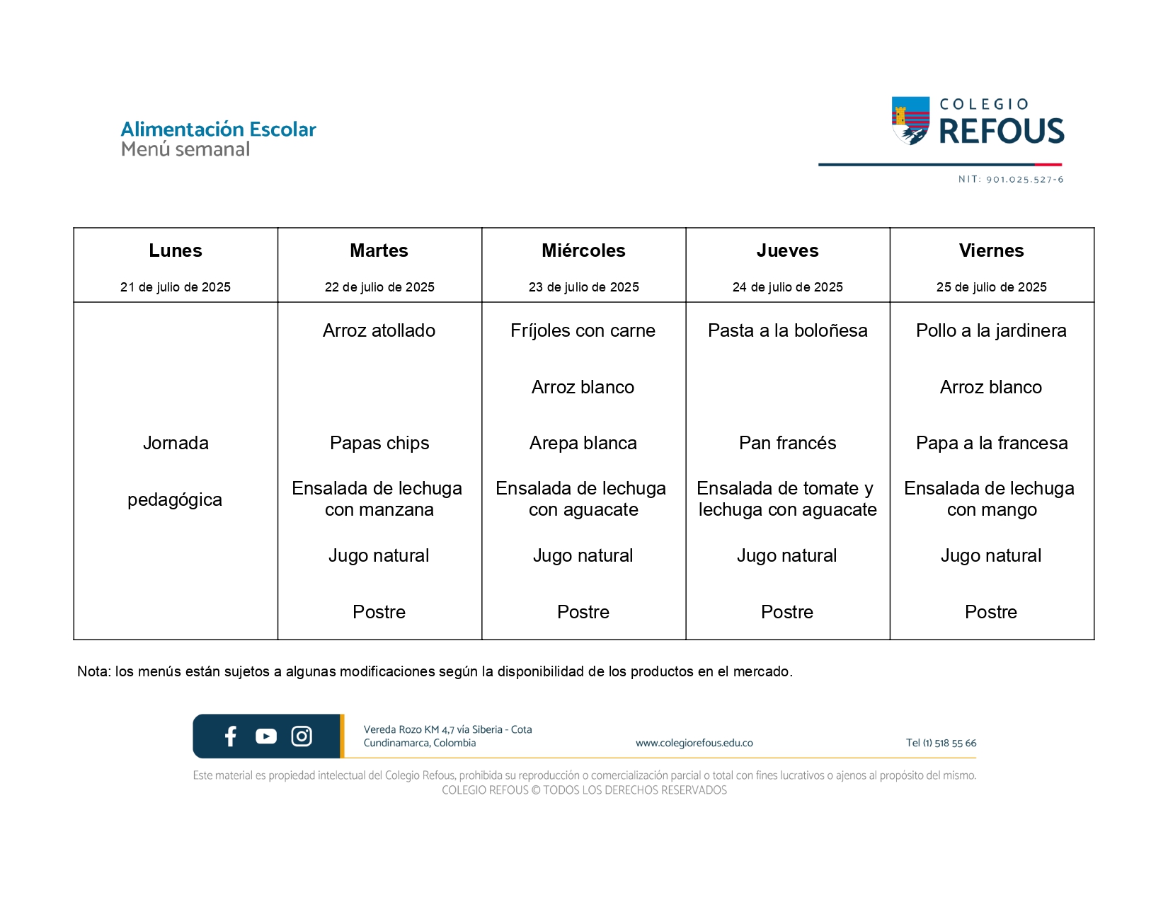 21 al 25 de julio de 2025 - Alimentación escolar