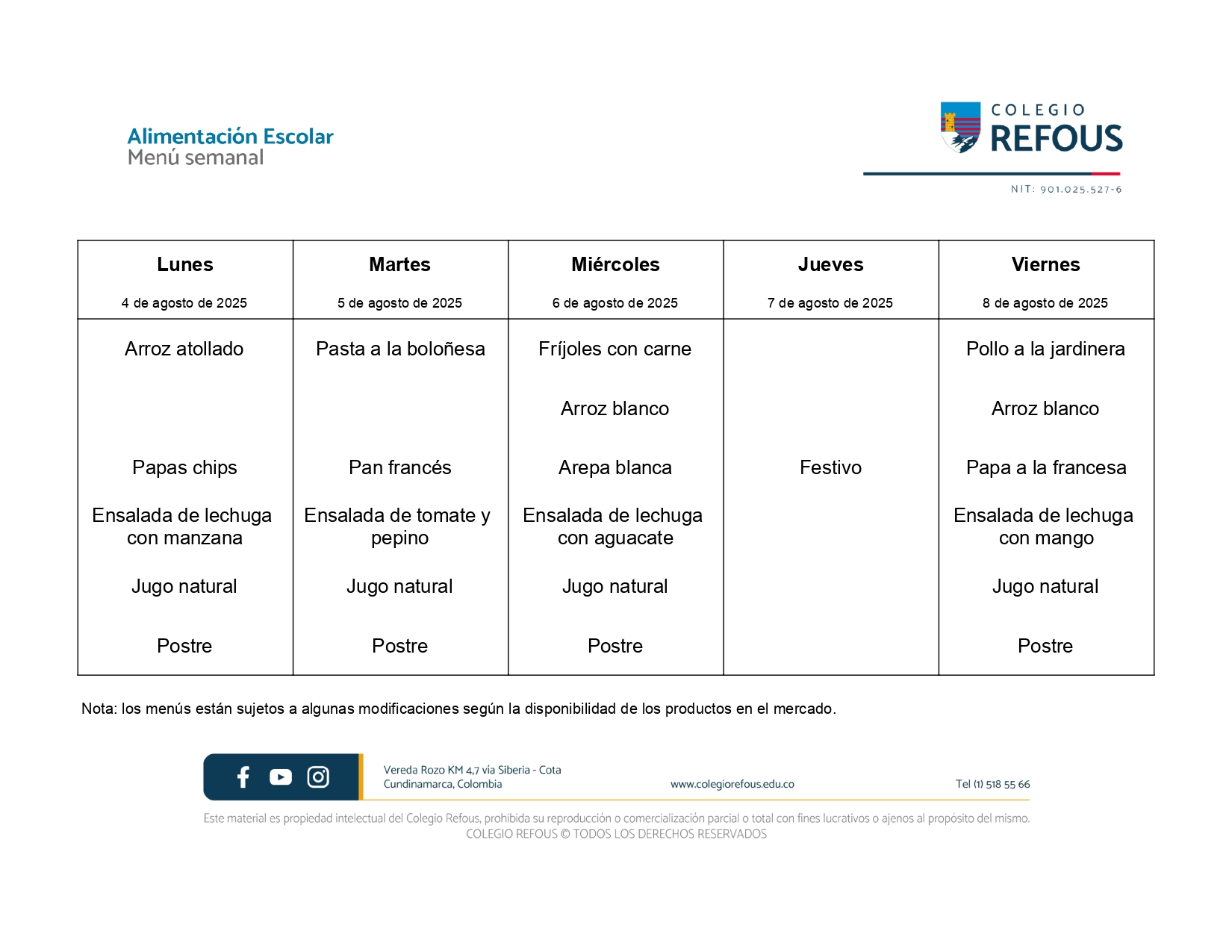 4 al 8 de agosto de 2025 - Alimentación escolar