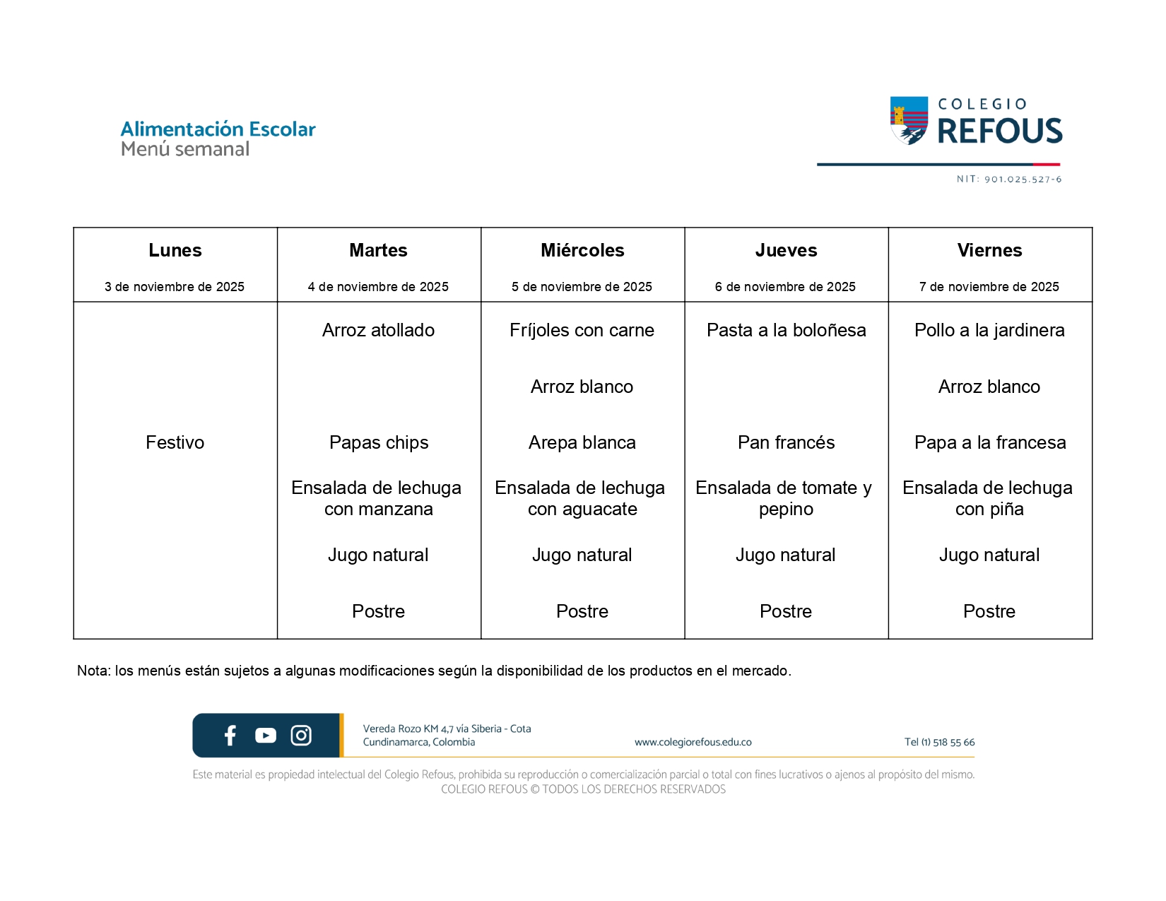 3 al 7 de noviembre de 2025 - Alimentación escolar