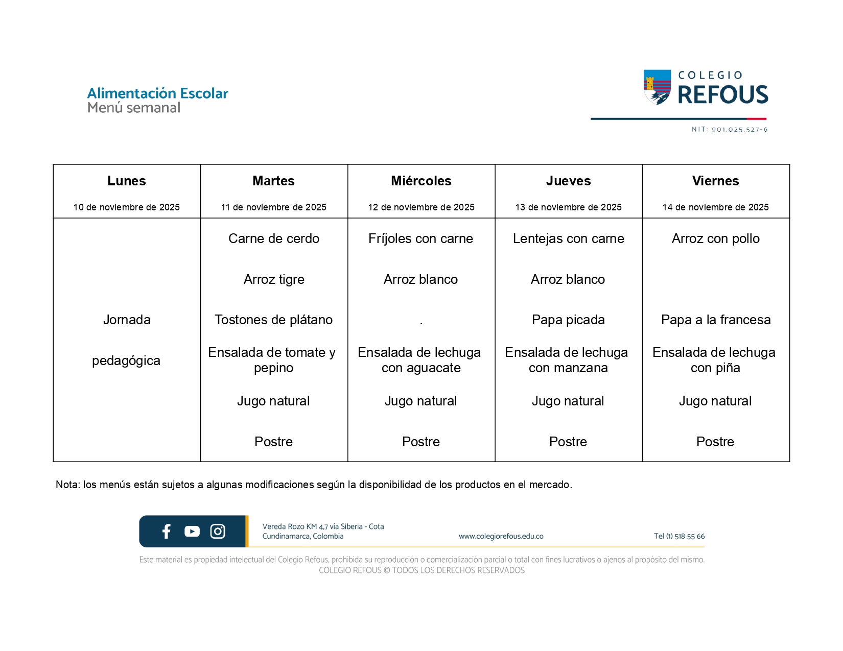 10 al 14 de noviembre de 2025 - Alimentación escolar