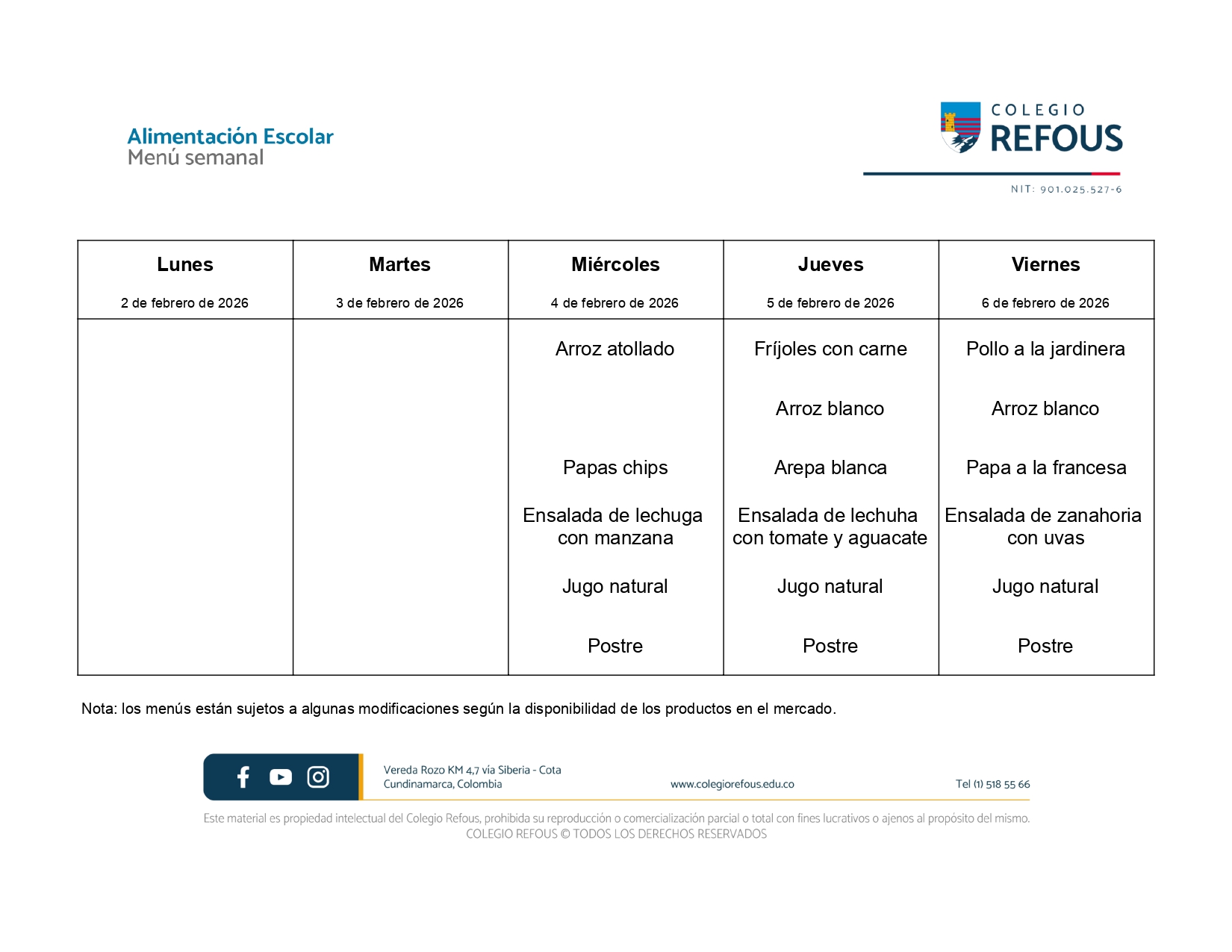 2 al 6 de febrero de 2026 - Alimentación escolar