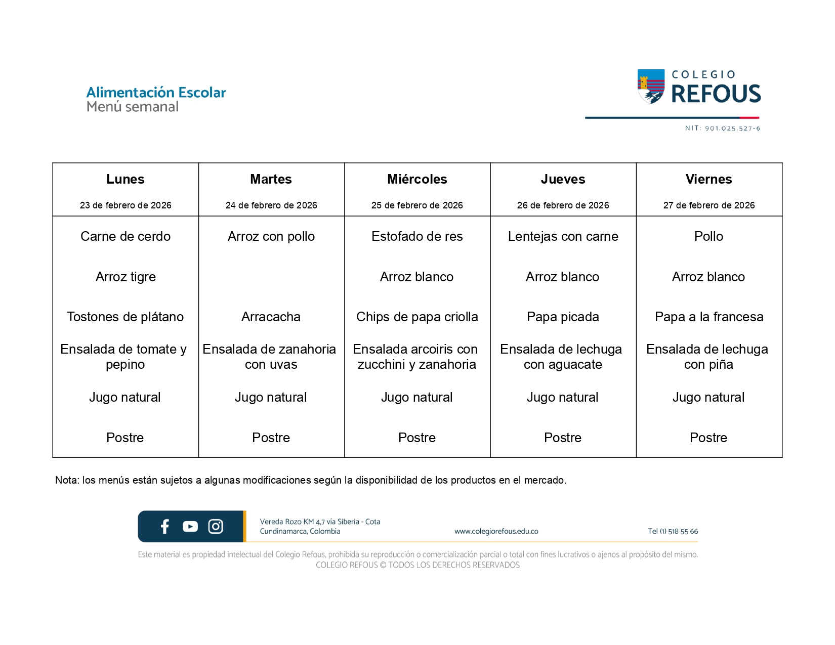 23 al 27 de febrero de 2026 - Alimentación escolar