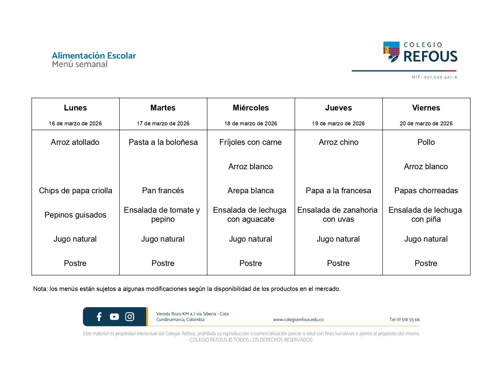 16 al 20 de marzo de 2026 - Alimentación escolar