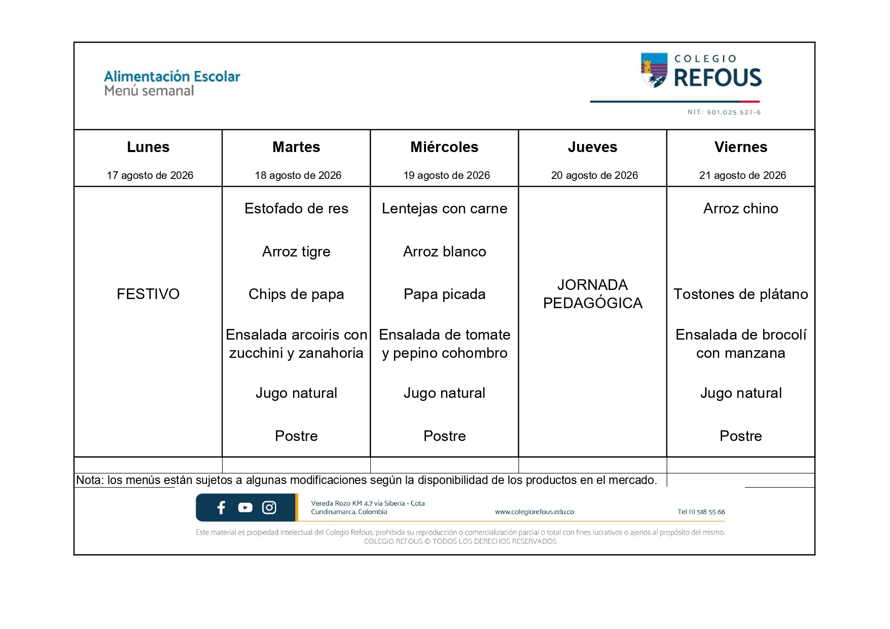 17 al 21 de agosto de 2026 - Alimentación escolar