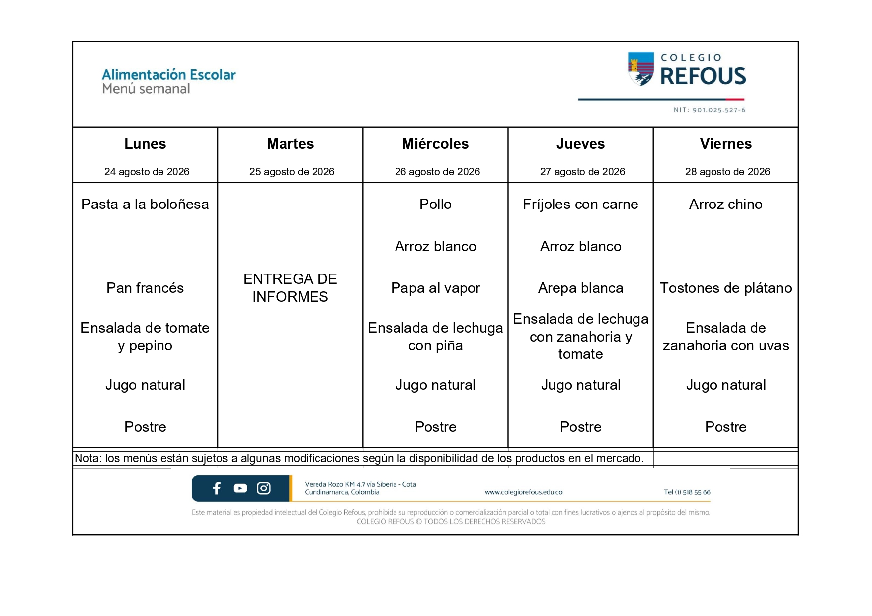24 al 28 de agosto de 2026 - Alimentación escolar